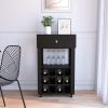 39" H black bar- coffee cart, Kitchen or living room cabinet storage, with 12 bottle racks, a central shelf with 1 Cup holders, 1 drawer ideal for sto