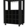 39" H black bar- coffee cart, Kitchen or living room cabinet storage, with 12 bottle racks, a central shelf with 1 Cup holders, 1 drawer ideal for sto