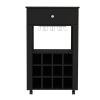 39" H black bar- coffee cart, Kitchen or living room cabinet storage, with 12 bottle racks, a central shelf with 1 Cup holders, 1 drawer ideal for sto