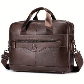 1pc Men's Briefcase, Genuine Leather Men's Bag, Official Bag, 15 Inch Computer Bag, Men's Portable Shoulder Business Bag (Color: Brown)