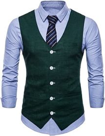 Men's V-neck Solid Color Single-breasted Suit Vests Candy Color Casual Slim Fit Vests (Color: DARK GREEN-S)