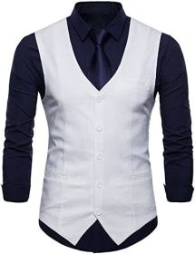 Men's V-neck Solid Color Single-breasted Suit Vests Candy Color Casual Slim Fit Vests (Color: WHITE-2XL)