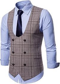 Men's Formal Suit Vest V-Neck Sleeveless Slim Fit Jacket Casual Suit Vests (Color: BROWN-L)