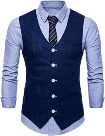 Men's V-neck Solid Color Single-breasted Suit Vests Candy Color Casual Slim Fit Vests (Color: NAVY-M)