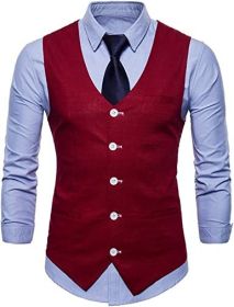 Men's V-neck Solid Color Single-breasted Suit Vests Candy Color Casual Slim Fit Vests (Color: RED-2XL)