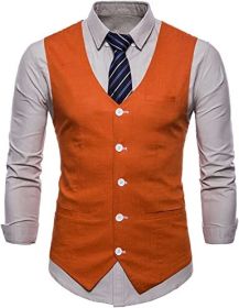 Men's V-neck Solid Color Single-breasted Suit Vests Candy Color Casual Slim Fit Vests (Color: Orange-M)