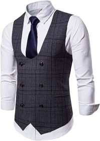 Men's Formal Suit Vest V-Neck Sleeveless Slim Fit Jacket Casual Suit Vests (Color: DARK GRAY-L)