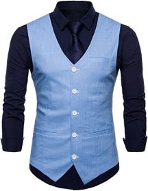 Men's V-neck Solid Color Single-breasted Suit Vests Candy Color Casual Slim Fit Vests (Color: LIGHT BLUE-2XL)