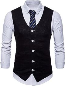 Men's V-neck Solid Color Single-breasted Suit Vests Candy Color Casual Slim Fit Vests (Color: BLACK-3XL)