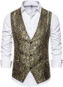 Men's Casual Printed Vests Fashion Solid Color Slim Fit V-Neck Vests Groomsmen Suits Host Clothings (Color: GOLD-L)