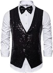 Men's Fashion Sequin Vests Slim Fit Bow Vests Solid Color Single Breasted Host Dress (Color: BLACK-S)