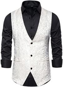 Men's Casual Printed Vests Fashion Solid Color Slim Fit V-Neck Vests Groomsmen Suits Host Clothings (Color: WHITE-M)