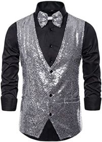 Men's Fashion Sequin Vests Slim Fit Bow Vests Solid Color Single Breasted Host Dress (Color: SILVER-M)