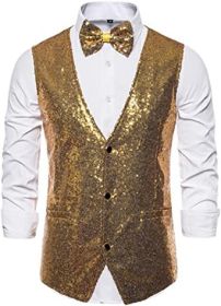 Men's Fashion Sequin Vests Slim Fit Bow Vests Solid Color Single Breasted Host Dress (Color: GOLD-M)