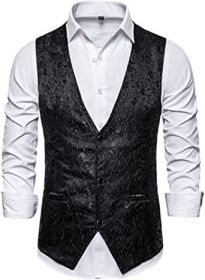 Men's Casual Printed Vests Fashion Solid Color Slim Fit V-Neck Vests Groomsmen Suits Host Clothings (Color: BLACK-L)