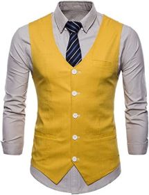 Men's V-neck Solid Color Single-breasted Suit Vests Candy Color Casual Slim Fit Vests (Color: YELLOW-L)