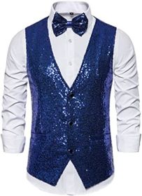 Men's Fashion Sequin Vests Slim Fit Bow Vests Solid Color Single Breasted Host Dress (Color: BLUE-L)