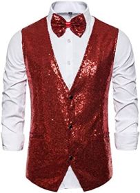 Men's Fashion Sequin Vests Slim Fit Bow Vests Solid Color Single Breasted Host Dress (Color: RED-M)