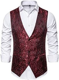 Men's Casual Printed Vests Fashion Solid Color Slim Fit V-Neck Vests Groomsmen Suits Host Clothings (Color: RED-S)