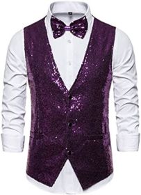 Men's Fashion Sequin Vests Slim Fit Bow Vests Solid Color Single Breasted Host Dress (Color: PURPLE-S)