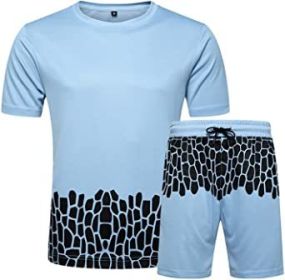 Men's Casual Crack Pattern Suits Fashion Short Sleeve T-Shirt And Shorts Loose Two-Piece Sets (Color: BLUE-S)