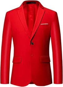 Men's Solid Color Casual Blazers Slim Fit Suit Collar Single Row Two Button Suit Jackets Groom Dress (Color: RED-L)