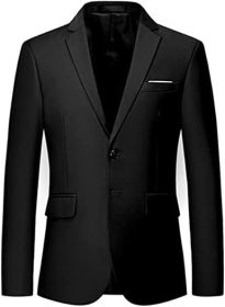 Men's Solid Color Casual Blazers Slim Fit Suit Collar Single Row Two Button Suit Jackets Groom Dress (Color: BLACK-M)