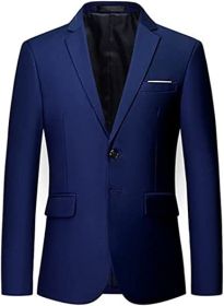 Men's Solid Color Casual Blazers Slim Fit Suit Collar Single Row Two Button Suit Jackets Groom Dress (Color: ROYAL BLUE-XL)