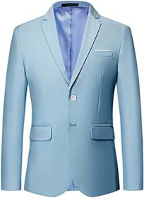 Men's Solid Color Casual Blazers Slim Fit Suit Collar Single Row Two Button Suit Jackets Groom Dress (Color: BLUE-M)