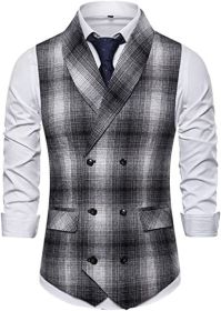 Men's Classic Plaid Casual Suit Vest Shawl Collar Double Breasted V Neck Waistcoat (Color: RED-M)