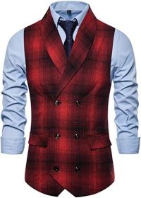 Men's Classic Plaid Casual Suit Vest Shawl Collar Double Breasted V Neck Waistcoat (Color: BLACK-S)