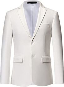 Men's Solid Color Casual Blazers Slim Fit Suit Collar Single Row Two Button Suit Jackets Groom Dress (Color: WHITE-S)