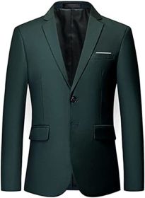 Men's Solid Color Casual Blazers Slim Fit Suit Collar Single Row Two Button Suit Jackets Groom Dress (Color: GREEN-S)