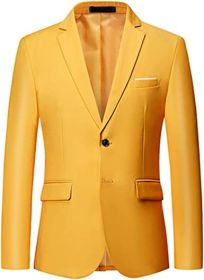 Men's Solid Color Casual Blazers Slim Fit Suit Collar Single Row Two Button Suit Jackets Groom Dress (Color: YELLOW-M)