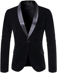 Men's Fashion Velvet Blazesr Casual Slim Fit Jackets Shawl Collar Single Row One Button Suit Jackets Groom's Dress (Color: BLACK-XXL)