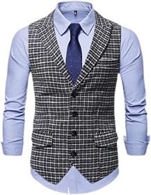 Mens Plaid Vests Single Row Four Buttons Slim Fit Peaked Lapel Clothes for Dinner, Party (size: GRAY-M)