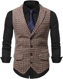 Mens Plaid Vests Single Row Four Buttons Slim Fit Peaked Lapel Clothes for Dinner, Party (size: BROWN-S)