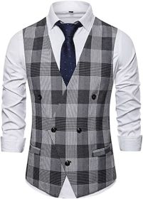 Men's V-Neck Suit Vest Casual Slim Fit Dress Plaid Vest Waistcoat (size: GRAY-XL)