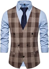 Men's V-Neck Suit Vest Casual Slim Fit Dress Plaid Vest Waistcoat (size: COFFEE-S)