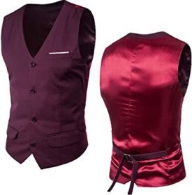 Men's V-Neck Slim Fit Solid Color Vest for Best Man (size: DARK RED-L)