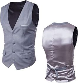 Men's V-Neck Slim Fit Solid Color Vest for Best Man (size: GRAY-L)