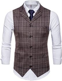 Men's Classic Vintage Plaid Casual Suit Vest Single Breasted Vest (size: COFFEE-S)