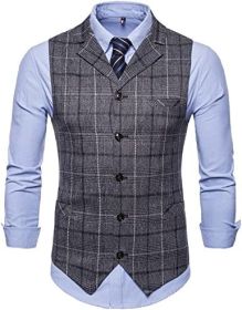 Men's Classic Vintage Plaid Casual Suit Vest Single Breasted Vest (size: GRAY-S)