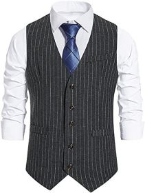 Men's Business Vests Fashion Striped Suit Vests Collarless Triangle Hem Bartender Clothings (size: DARK GRAY-M)