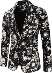 Men's Casual Slim Fit Single Button Suit Jacket Fashion Ethnic Print Blazer (Color: WHITE-S)