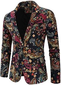 Men's Casual Slim Fit Single Button Suit Jacket Fashion Ethnic Print Blazer (Color: Flowered-L)