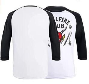 Stranger Things 4 Hellfire Club Logo Raglan Baseball Tee (Color: white/black, size: XS)