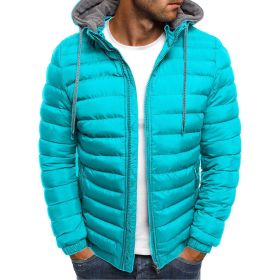 Winter New Men's Casual Cotton Jacket Youth Short Warm Hooded Cotton Jacket (Color: Aqua Blue, size: S)