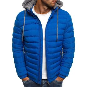 Winter New Men's Casual Cotton Jacket Youth Short Warm Hooded Cotton Jacket (Color: Royal Blue, size: M)