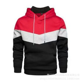 New men's fleece sweater splicing Hoodie autumn winter leisure sports sweater Plush casual coat (Color: Red, size: XL)